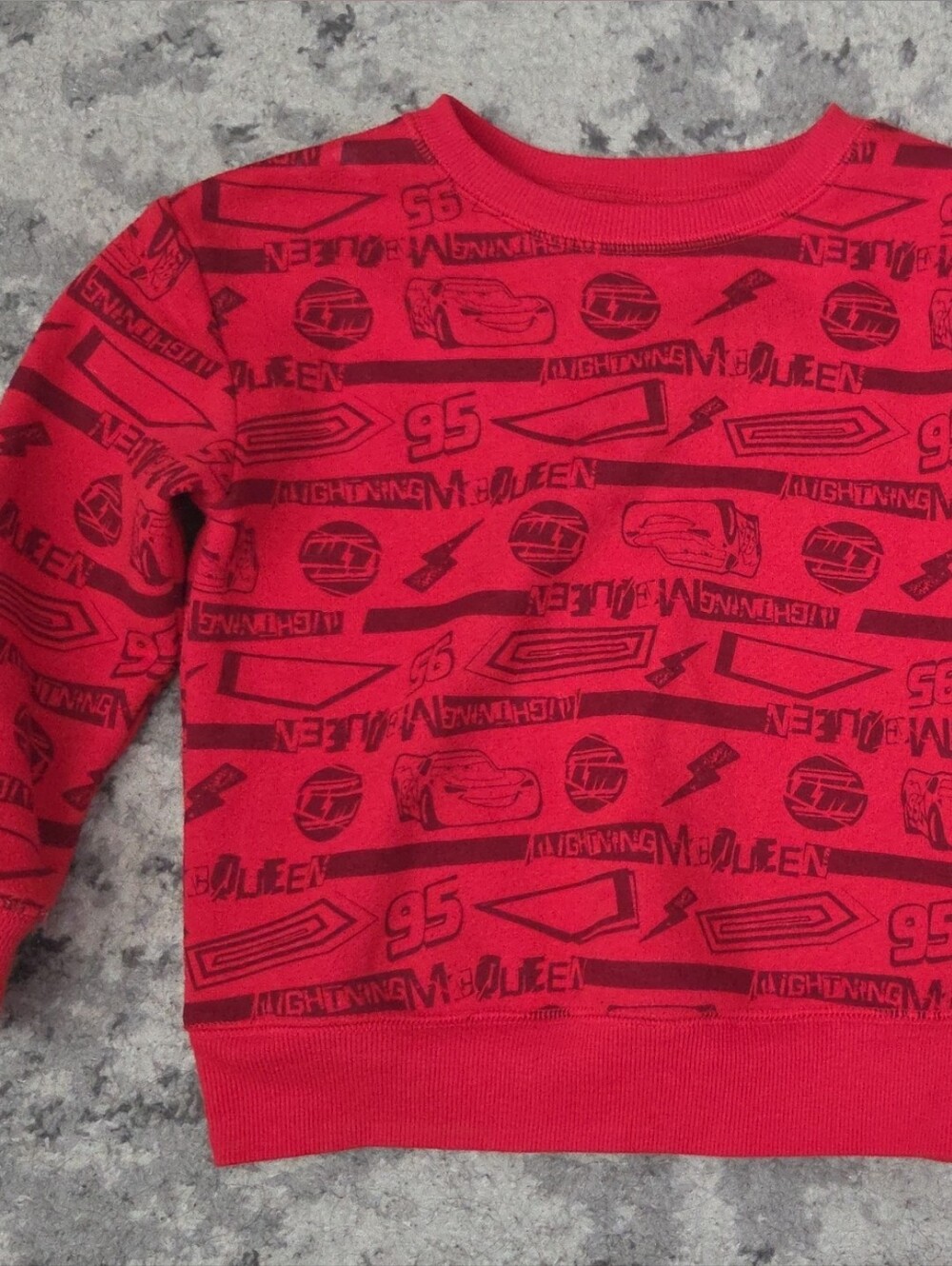 Disney Red Crewneck Sweater with Black Allover Cars Print